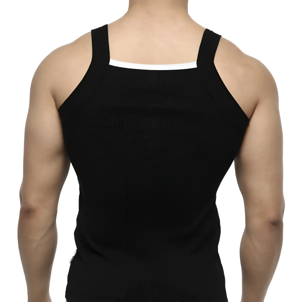 MetroMaleWear Hummer tank top black with white trim along the neckline in a comfortable cotton blend fabric