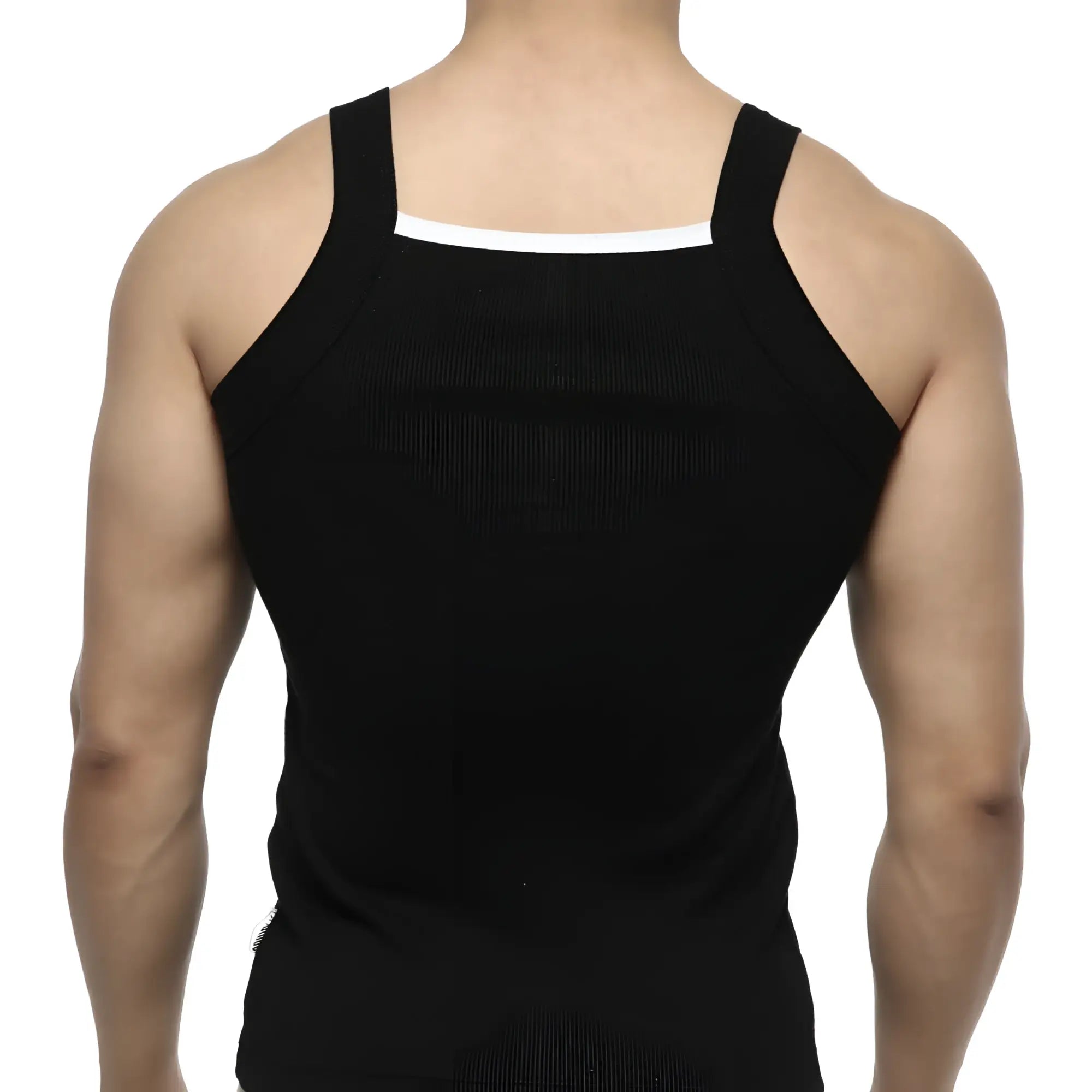 MetroMaleWear Hummer tank top black with white trim along the neckline in a comfortable cotton blend fabric
