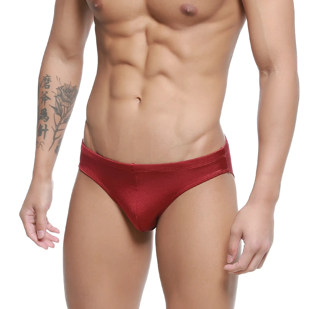 Metro male wear hunter swim brief burgundy red shiny fabric men’s swim briefs front view
