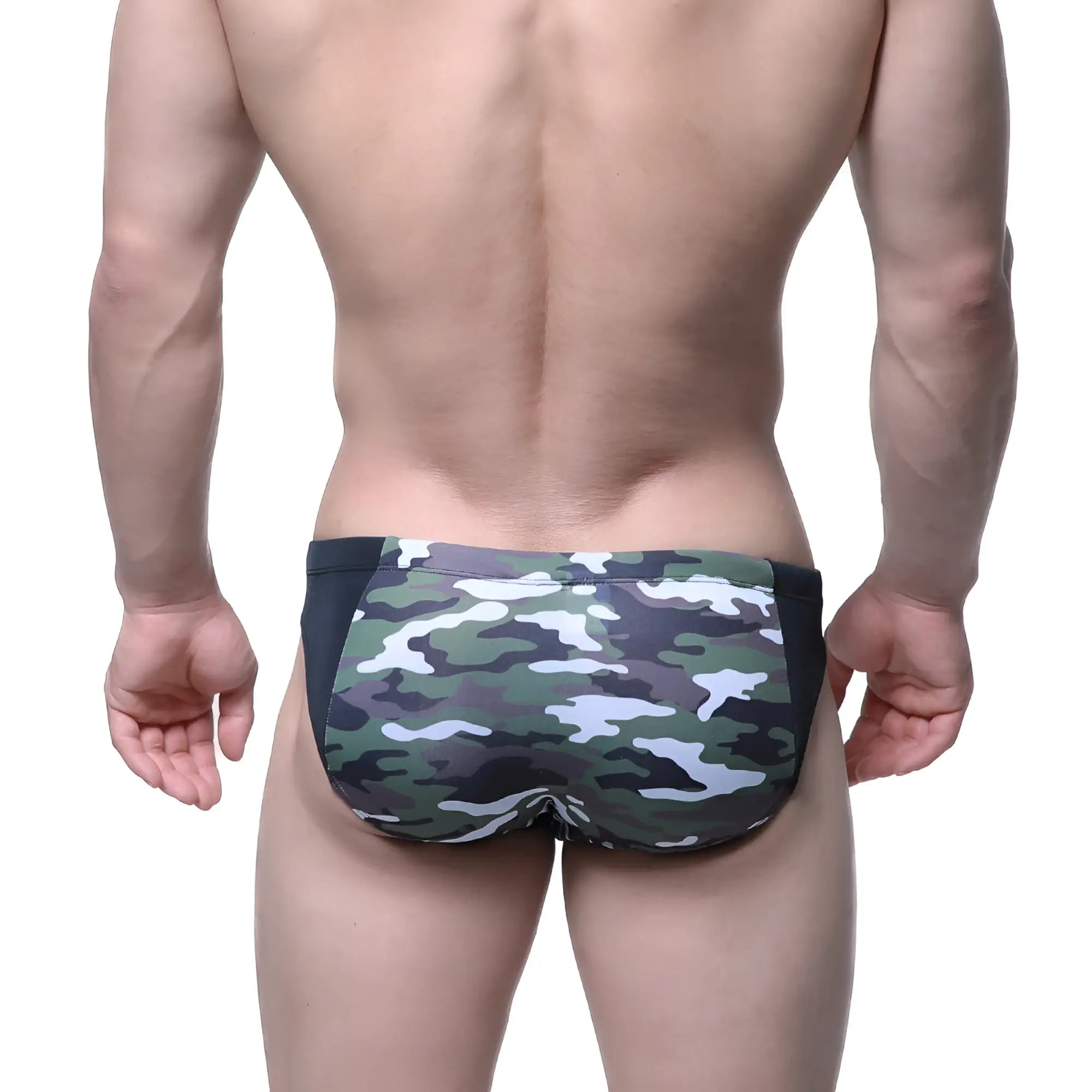 MetroMaleWear Hunter swim brief camo 4977-90 with green and white camouflage pattern and black side panels
