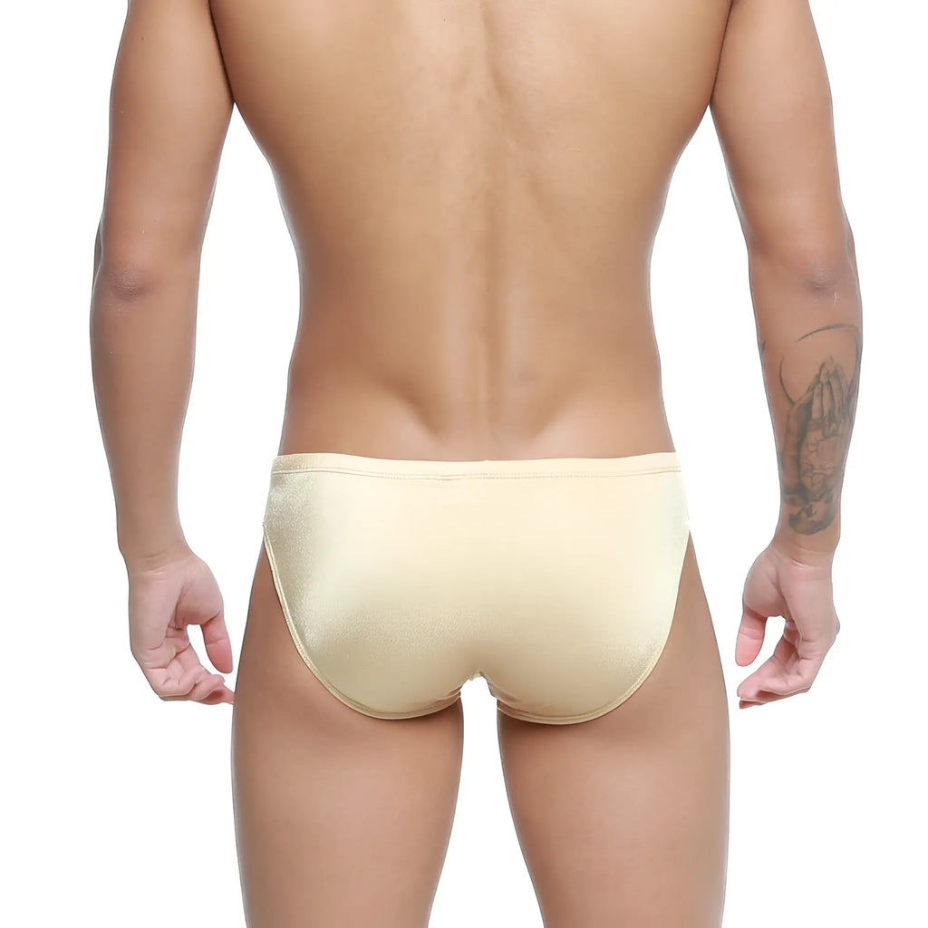 Beige satin metro male wear hunter swim brief gold 4977-21 with smooth shiny finish