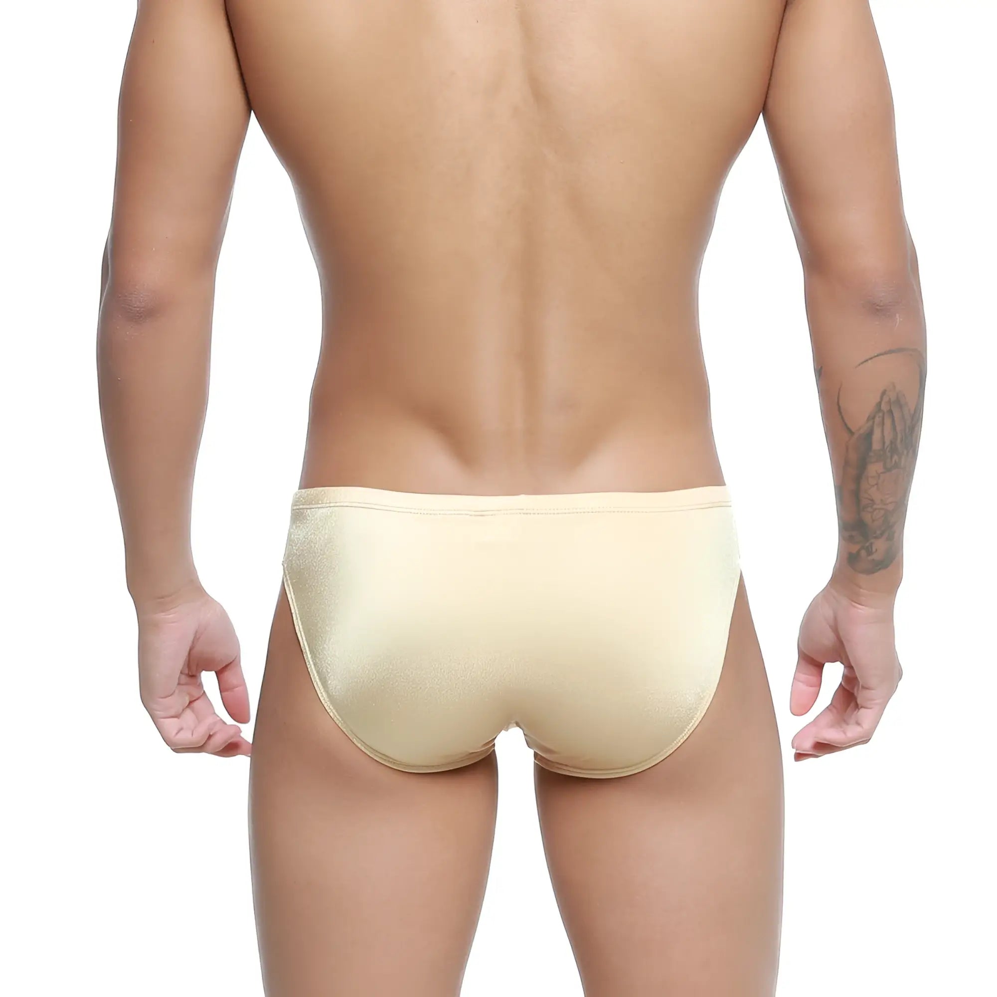 Beige satin metro male wear hunter swim brief gold 4977-21 with smooth shiny finish