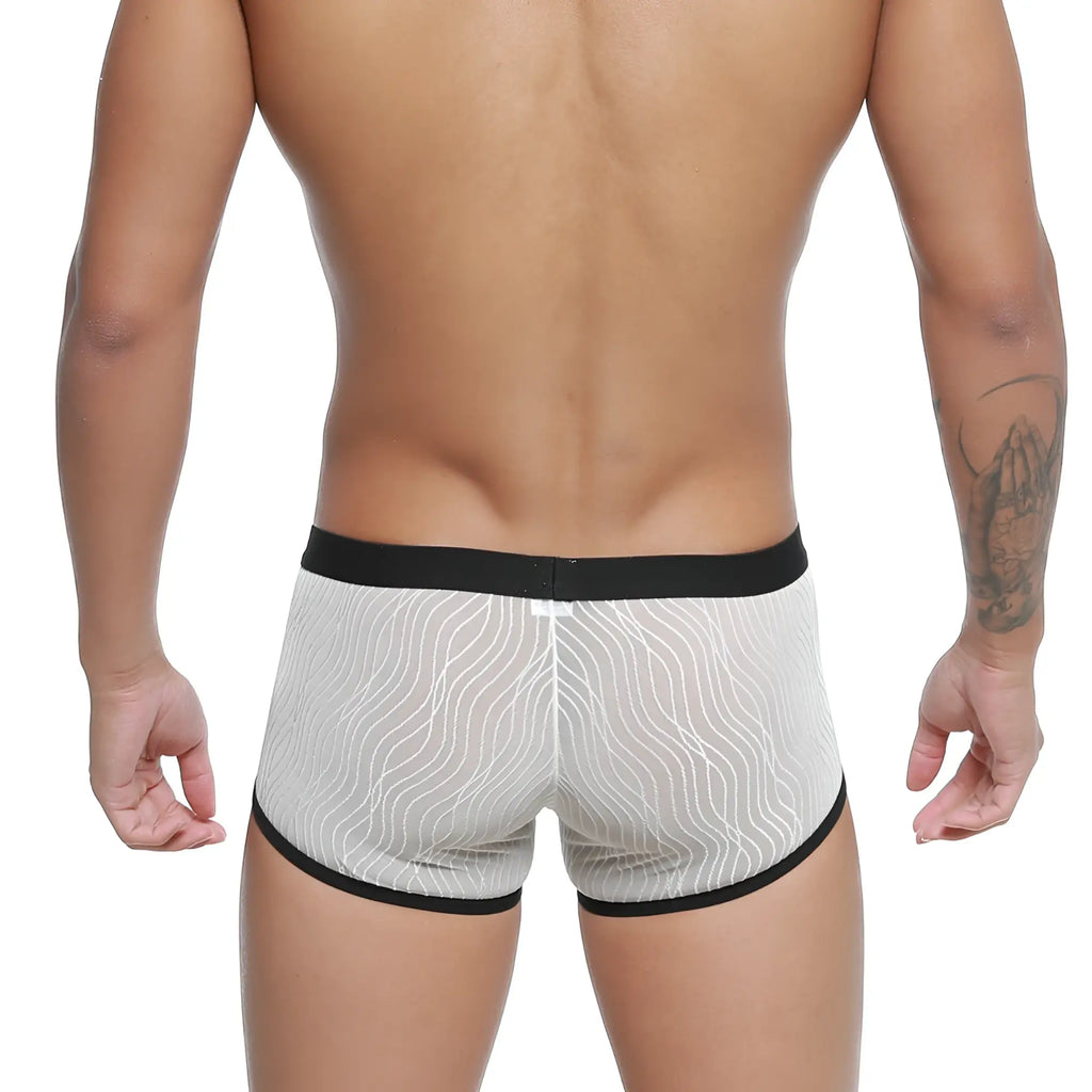 MetroMaleWear Iberico trunk ivory sheer boxer briefs with black trim and wavy line pattern for men