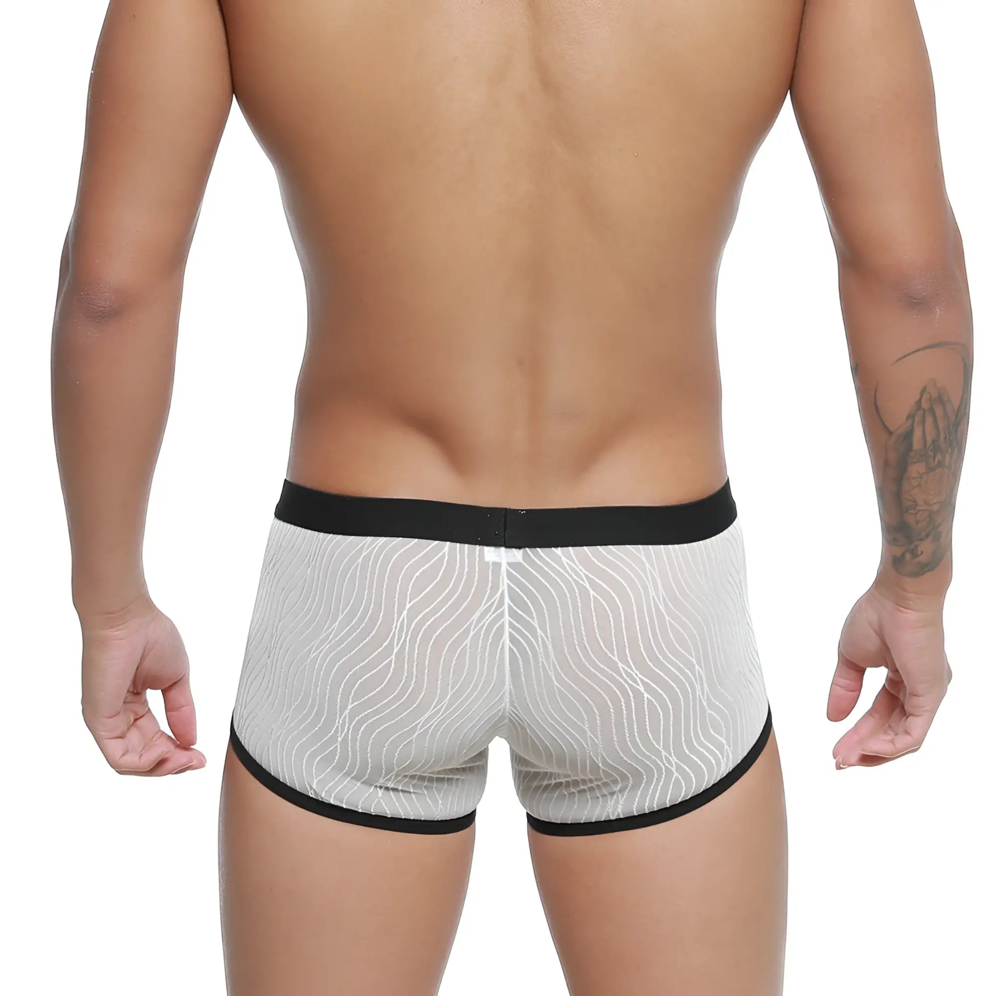 MetroMaleWear Iberico trunk ivory sheer boxer briefs with black trim and wavy line pattern for men