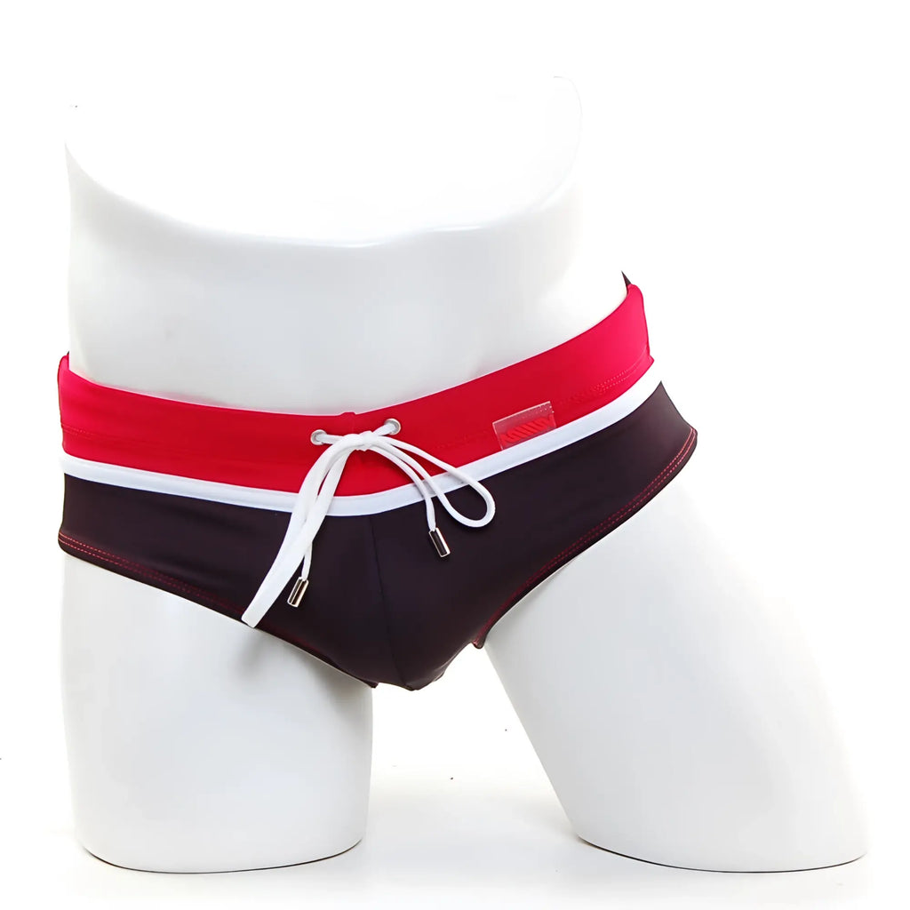MetroMaleWear Ibiza swim brief black 4928-22 with red and black color, white trim, and drawstring waistband