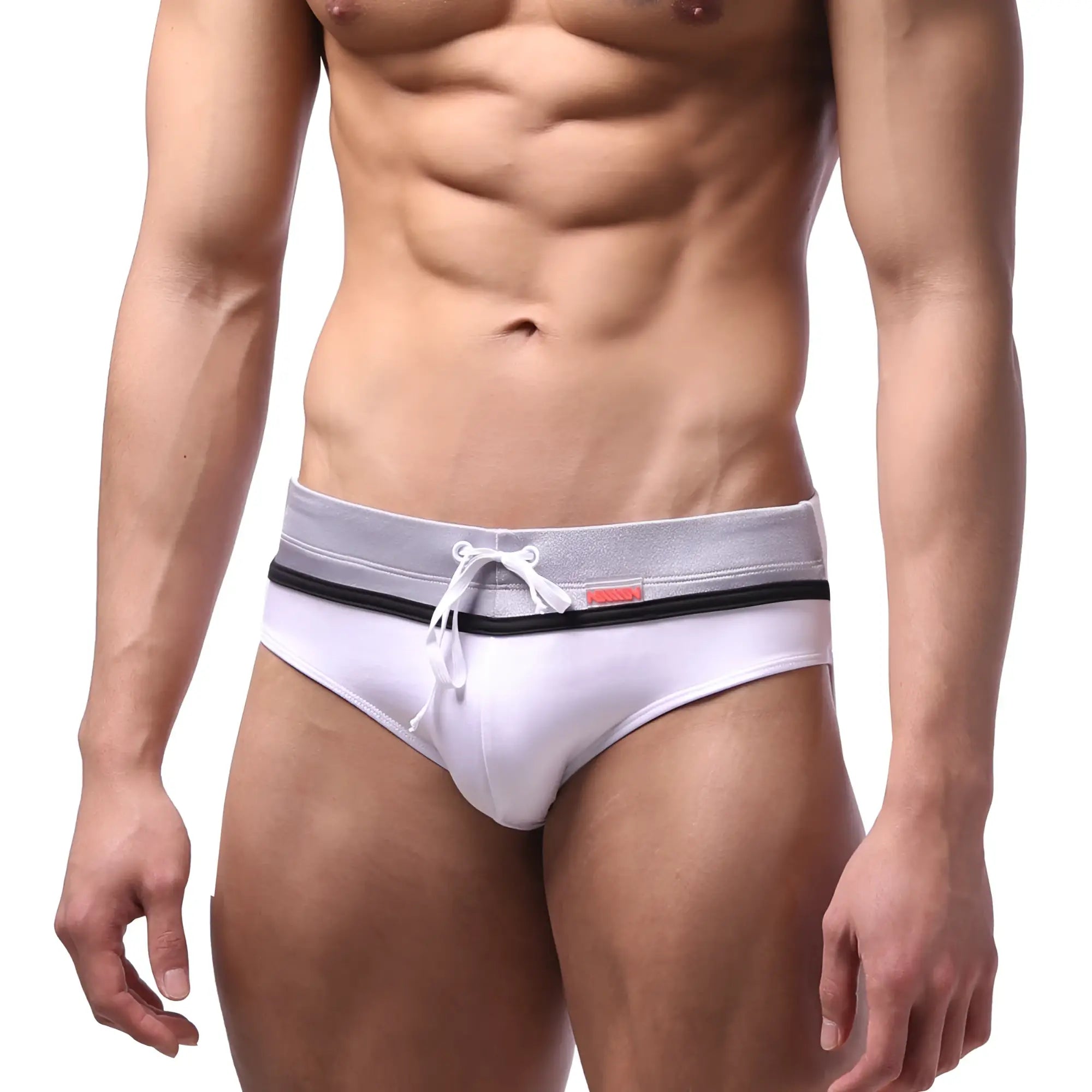 Metro malewear ibiza swim brief white swim trunks with silver waistband black trim and white drawstrings
