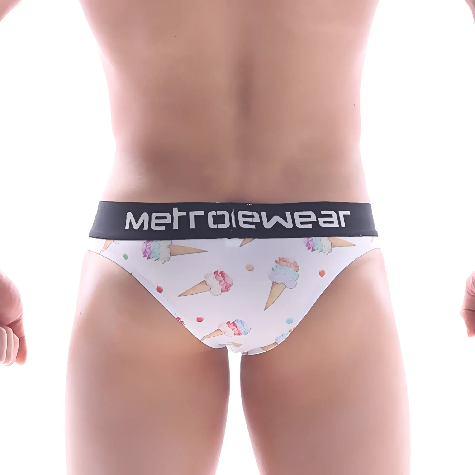 White men’s briefs with playful ice cream cone pattern pastel swirls and sprinkles black metrowear waistband back side