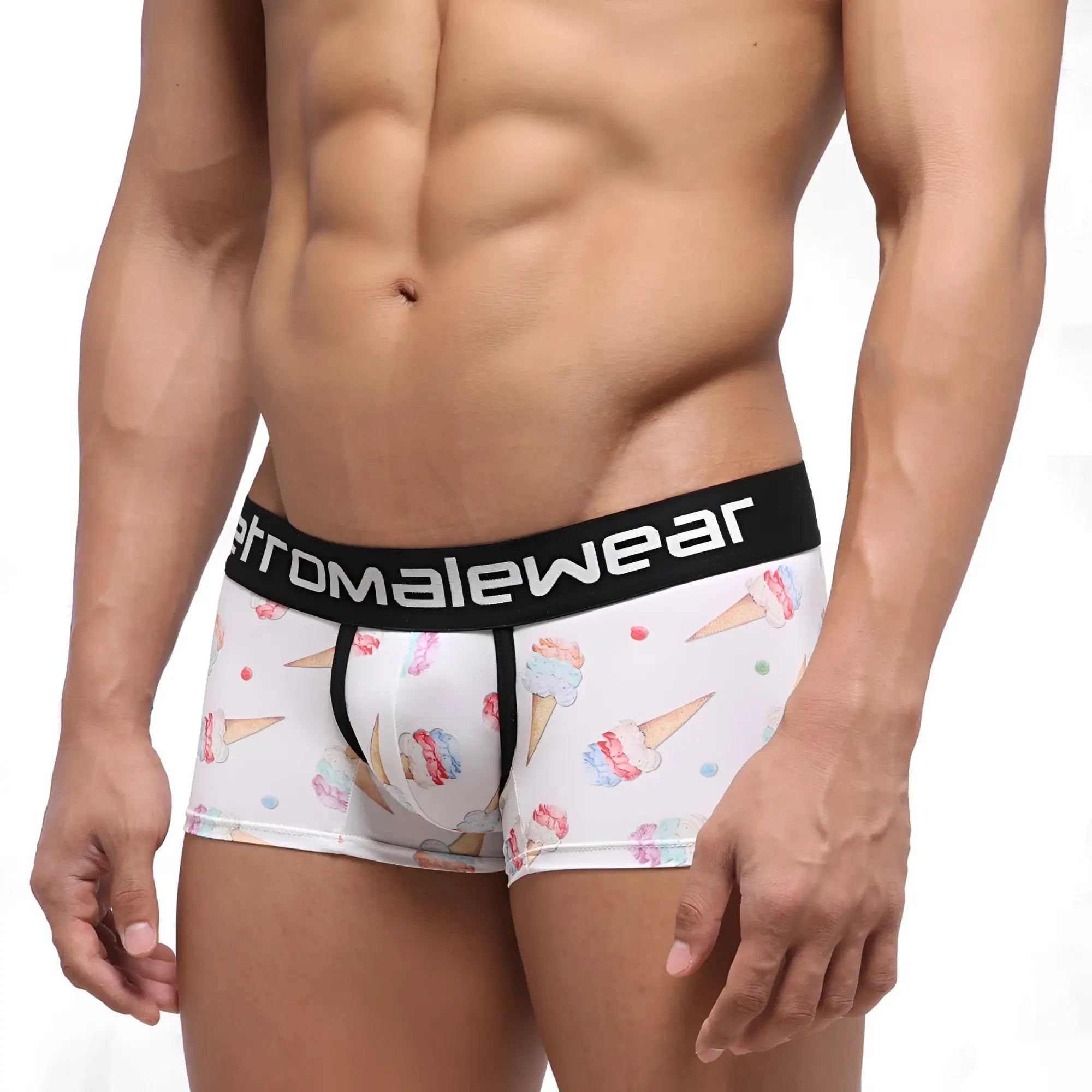 White men’s boxer briefs with ice cream cone pattern and black stromalewear waistband metro male wear 2022-31