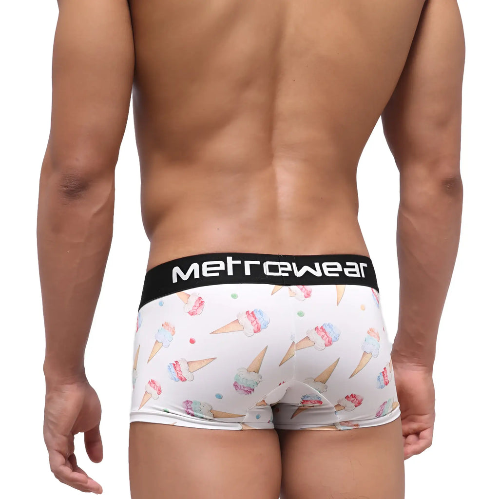 White men’s briefs with playful ice cream cone pattern pastel swirls sprinkles black waistband metrowear brand name