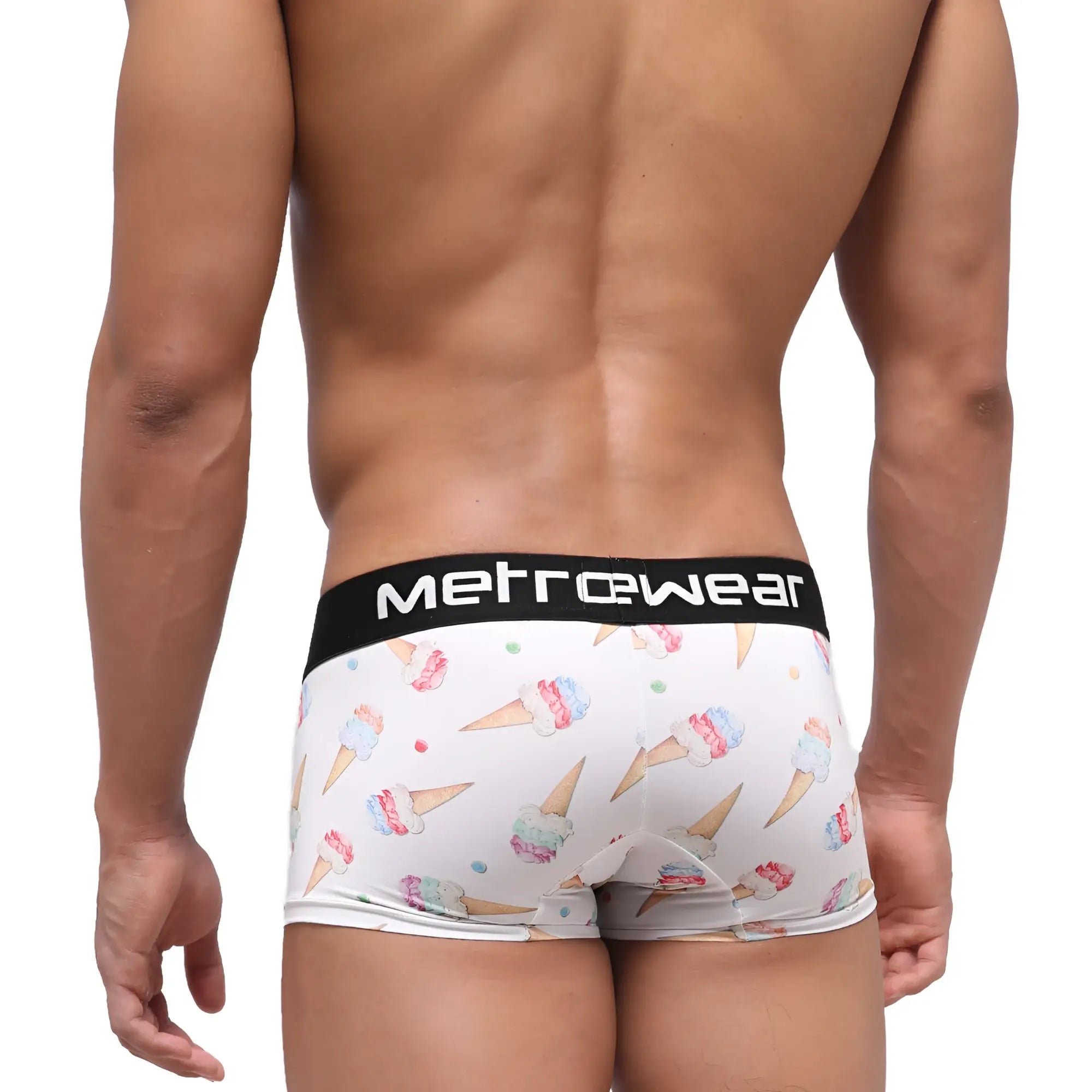 White men’s briefs with playful ice cream cone pattern pastel swirls sprinkles black waistband metrowear brand name