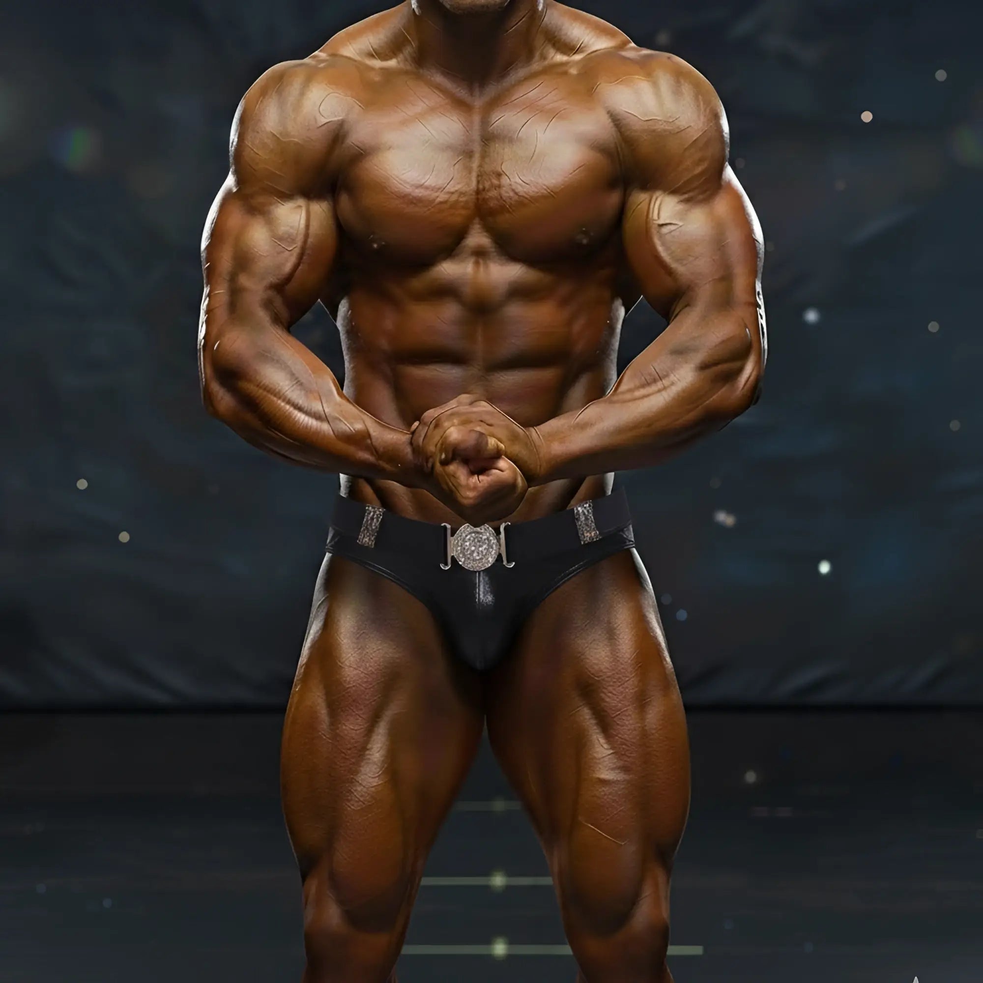 Black metro malewear icon swim brief with silver ornate belt buckle designed for competitive bodybuilding