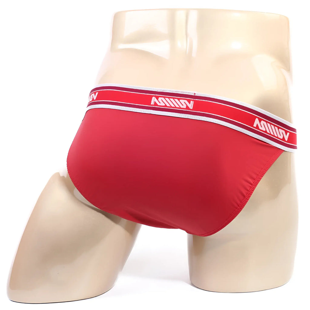 Red men’s briefs metro malewear inferno bikini with white red striped waistband featuring aomiv logo