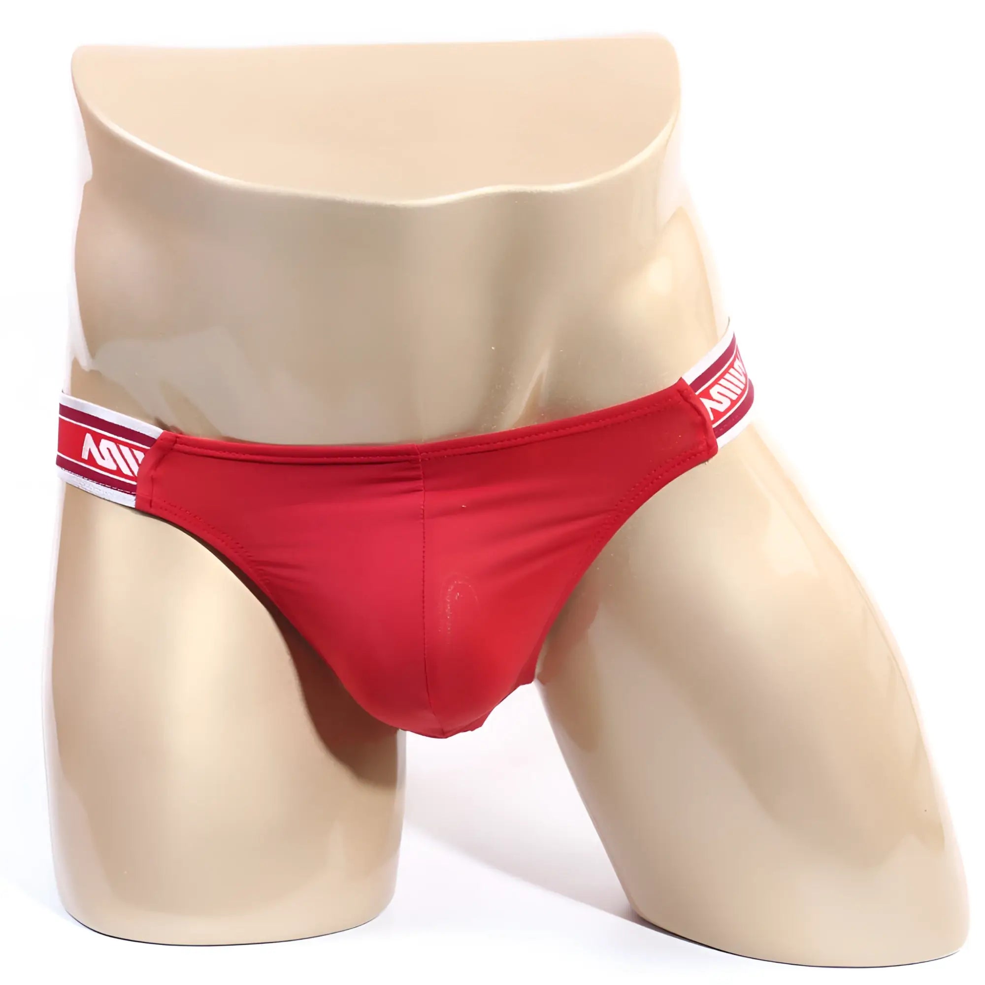 MetroMaleWear Inferno bikini red briefs with white and red striped waistband featuring the brand logo