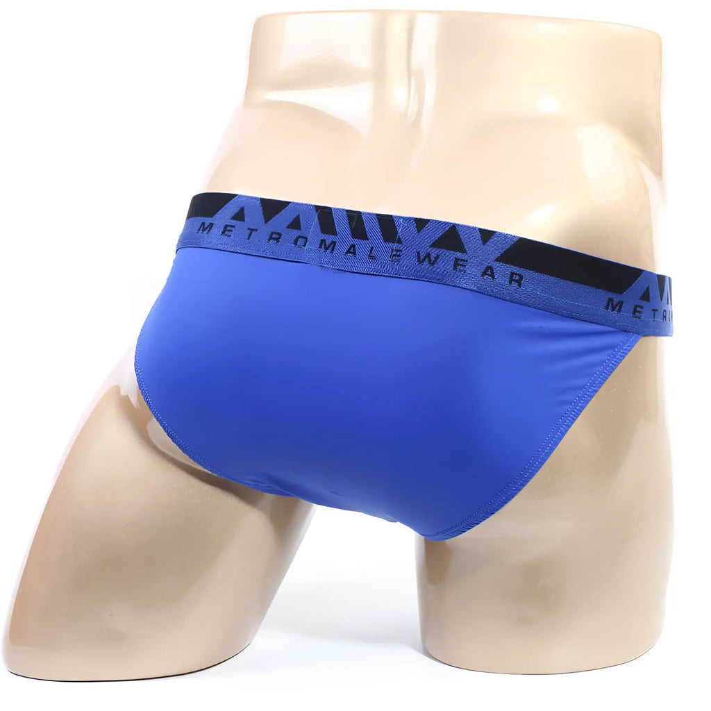 Blue mens briefs with black waistband featuring metromalewear logo in white titled metromalewear inferno bikini royal blue 3608-18