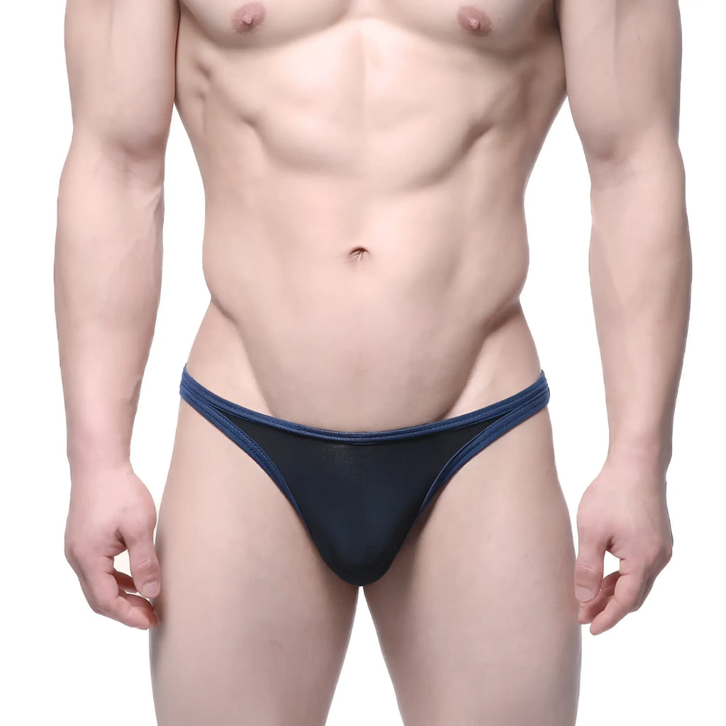 Navymale wear infinito bikini black 6017-20 navy blue mesh thong with solid navy trim front side view