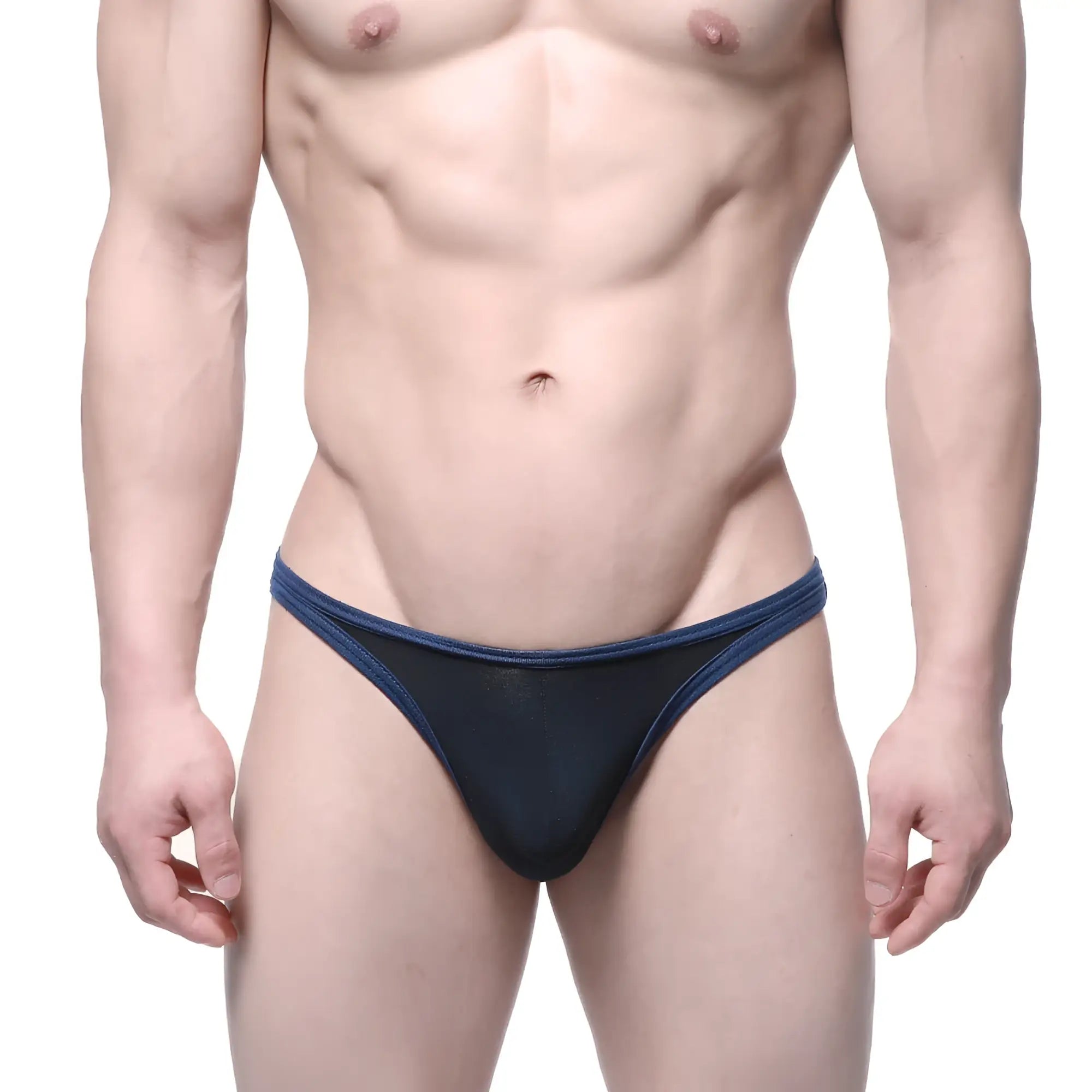 Navymale wear infinito bikini black 6017-20 navy blue mesh thong with solid navy trim front side view