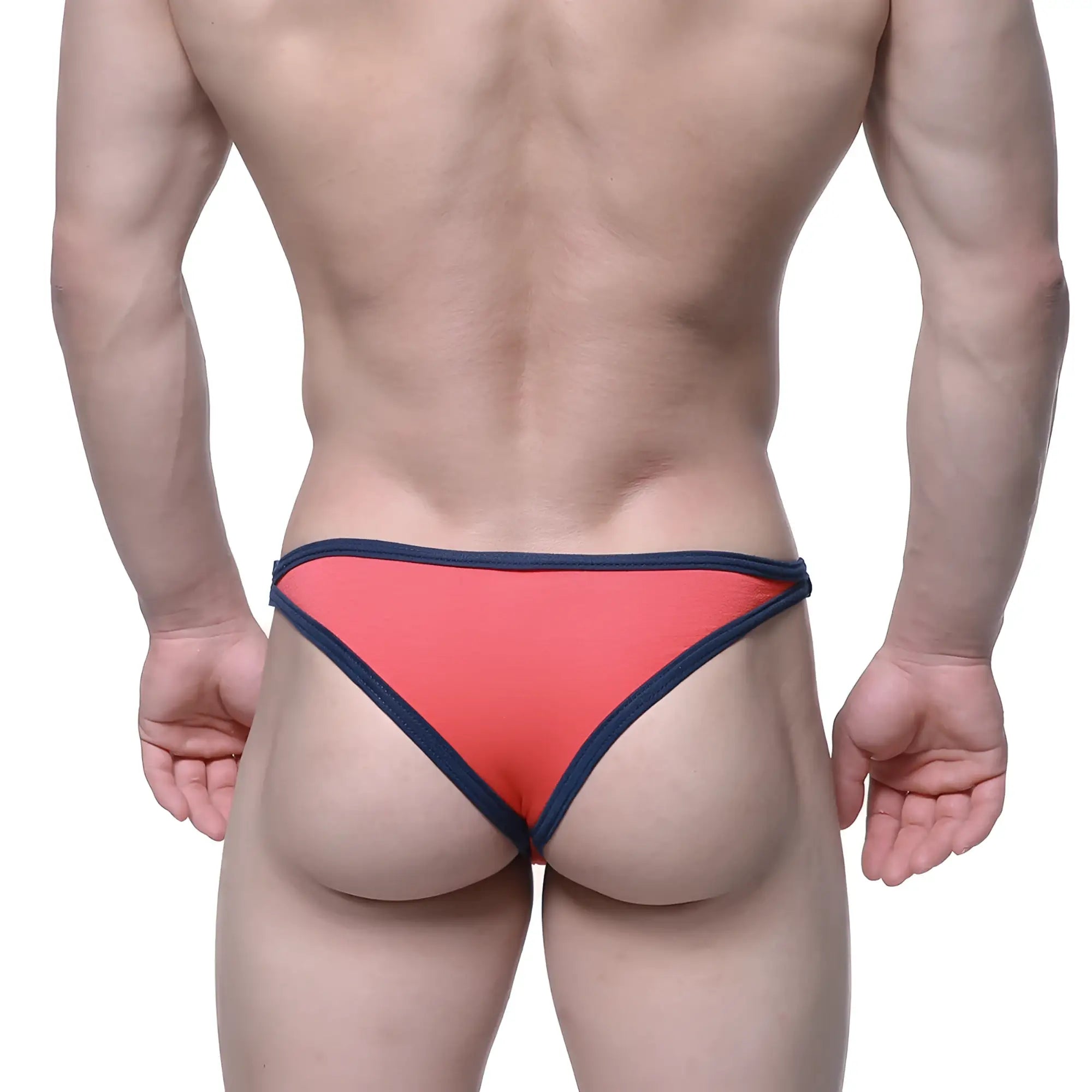Coral-colored metro malewear infinito bikini briefs with navy blue trim designed for comfortable daily wear
