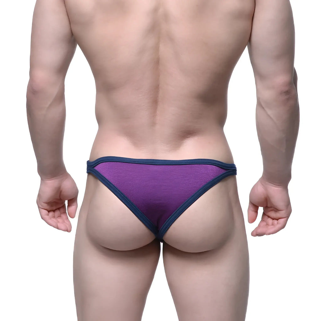 Purple and navy blue metro malewear infinito bikini briefs with a snug form fitting design for active comfort