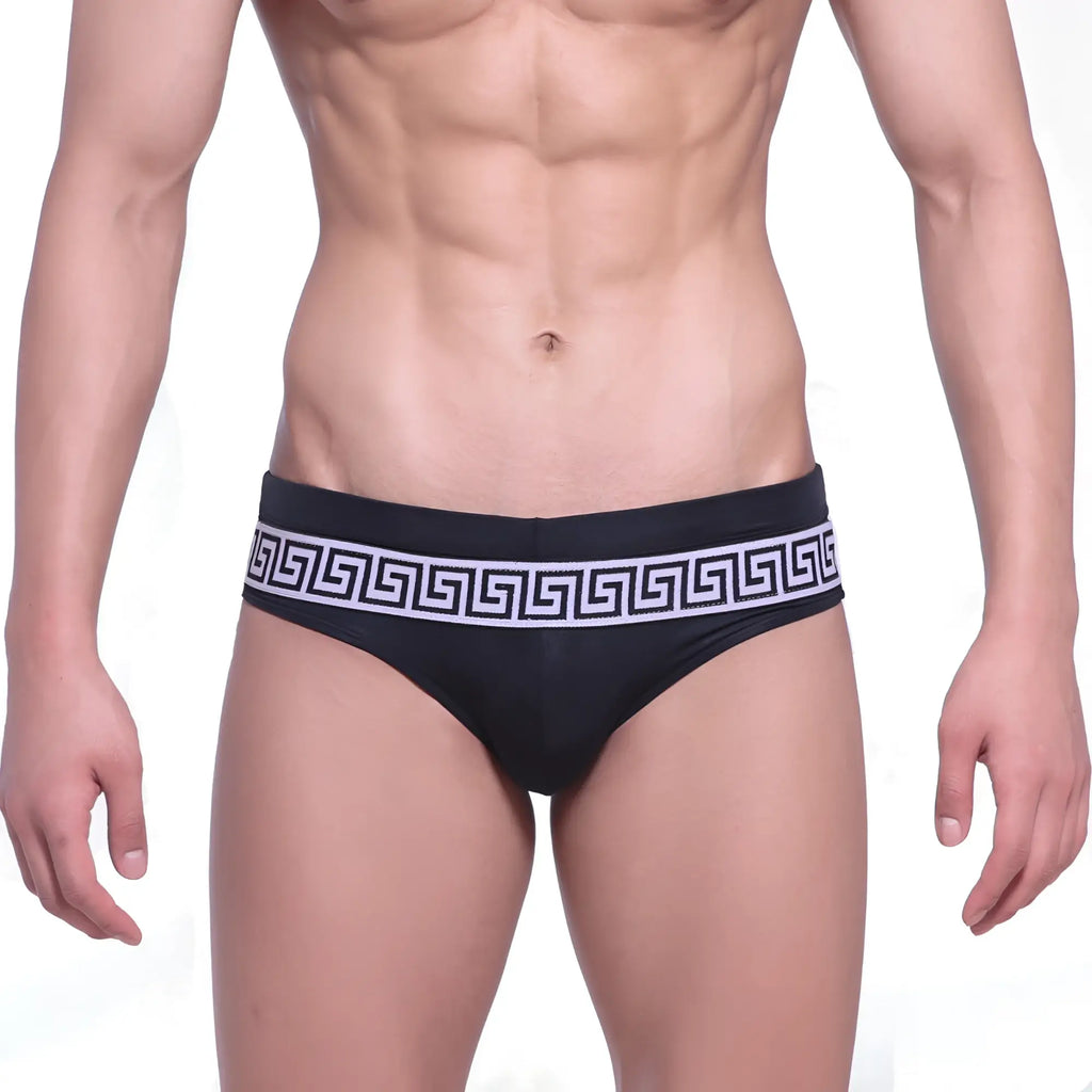 MetroMaleWear intenso swim brief black with bold white greek key pattern waistband for swim and beachwear
