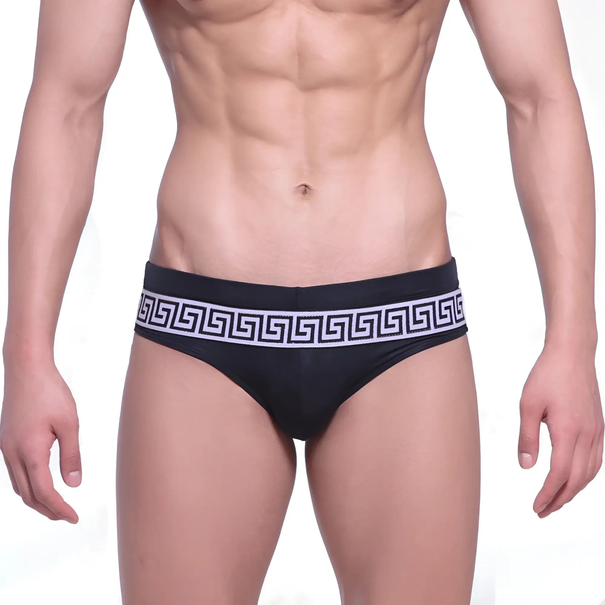 MetroMaleWear intenso swim brief black with bold white greek key pattern waistband for swim and beachwear