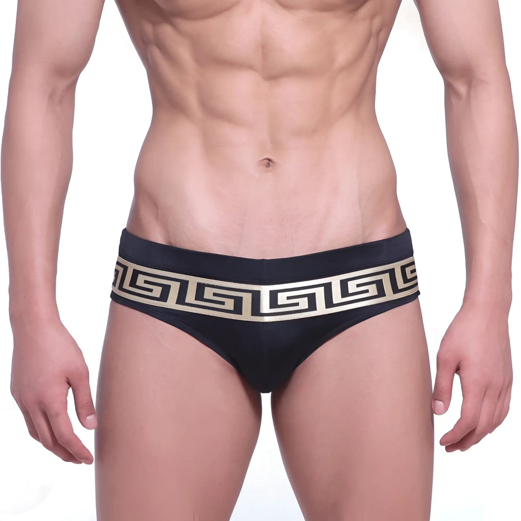MetroMaleWear Intenso swim brief black with gold greek key pattern on waistband ideal for swimming and beachwear