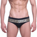 MetroMaleWear Intenso swim brief black with gold greek key pattern on waistband ideal for swimming and beachwear