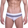 White briefs with a bold black greek key waistband from MetroMaleWear Intenso swim brief white 4966-00