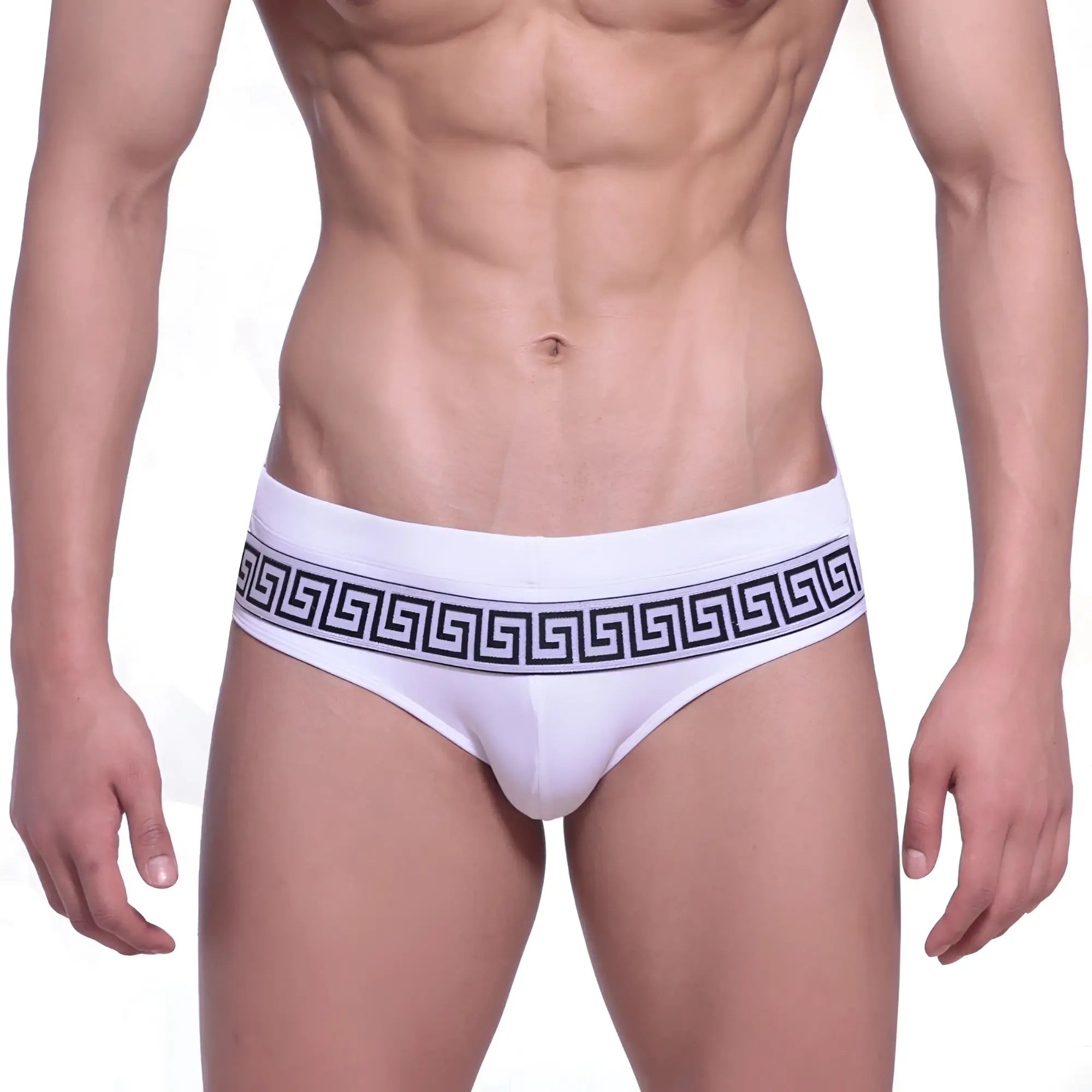 White briefs with a bold black greek key waistband from MetroMaleWear Intenso swim brief white 4966-00