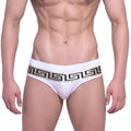 White briefs by metromalewear with bold black and gold greek key pattern on waistband in intenso swim brief style