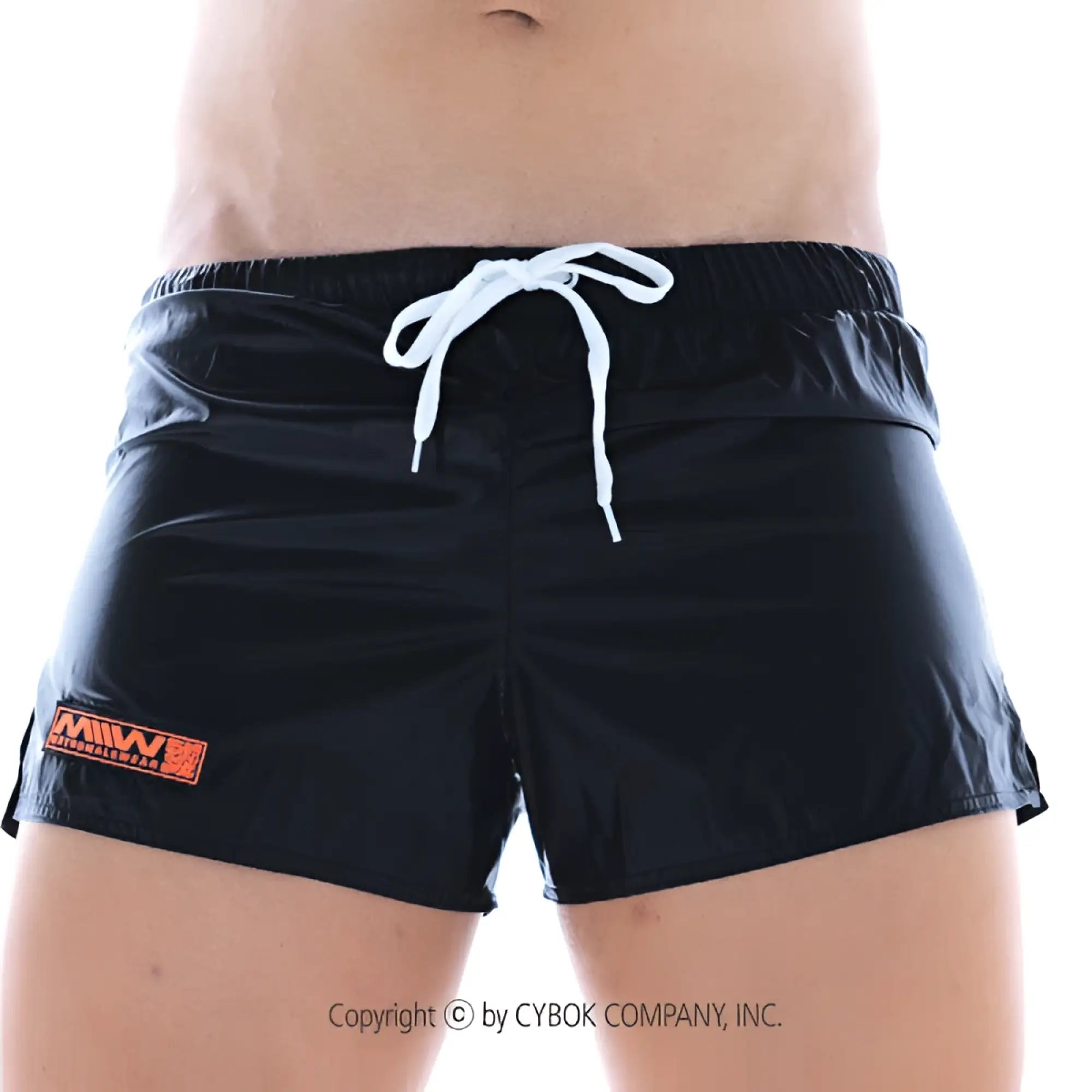 Black swim trunks with white drawstring and orange logo patch on left leg metroMalewear iron sports short 4703-20