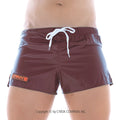 Maroon shiny MetroMaleWear Iron Sports short swim trunks with white drawstring and small orange logo on left leg