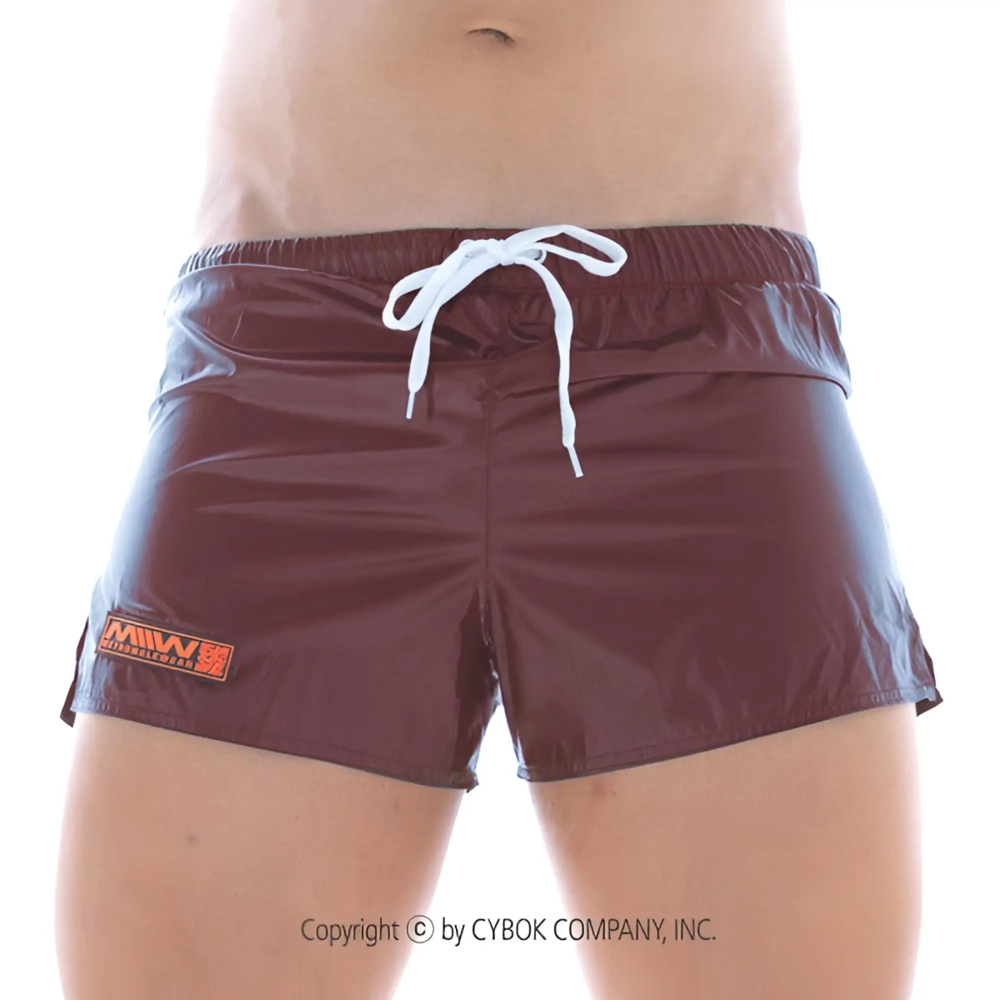 Maroon shiny MetroMaleWear Iron Sports short swim trunks with white drawstring and small orange logo on left leg
