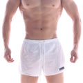White lightweight mesh swim trunks with drawstring waistband and black logo patch by metromalewear iron sports short