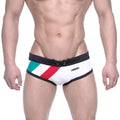 White swim briefs with black trim and diagonal green white and red stripes by MetroMaleWear Italy flag design