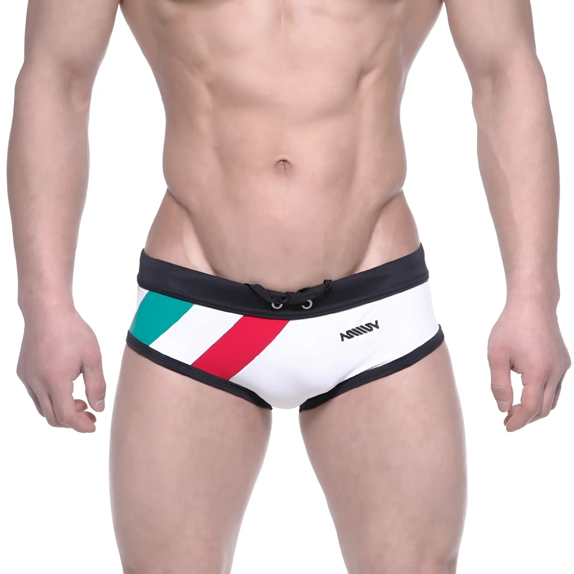 White swim briefs with black trim and diagonal green white and red stripes by MetroMaleWear Italy flag design