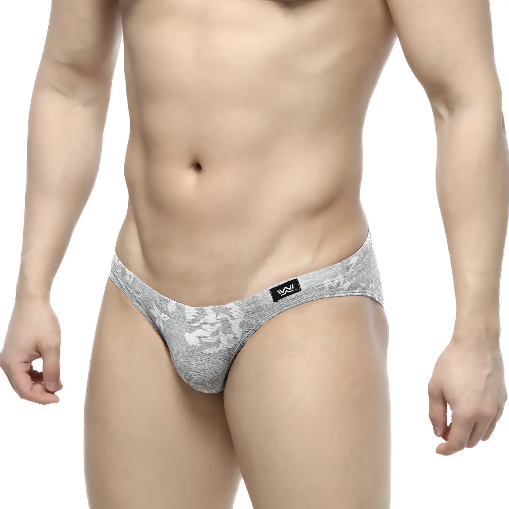 Gray lace-patterned jacquard bikini briefs for men with subtle sheen and black logo tag on waistband by metromalewear