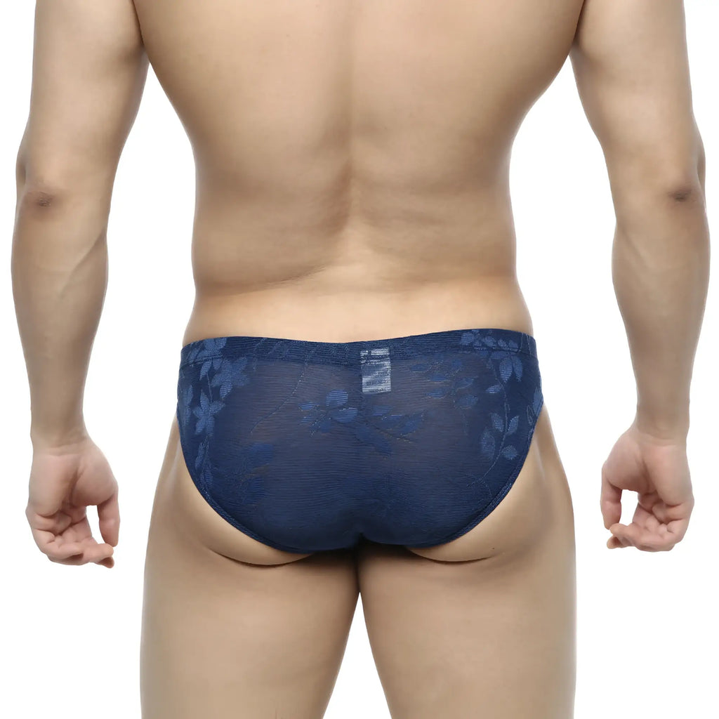 Navymale jacquard bikini briefs in navy blue sheer lace with floral pattern for stylish comfortable wear