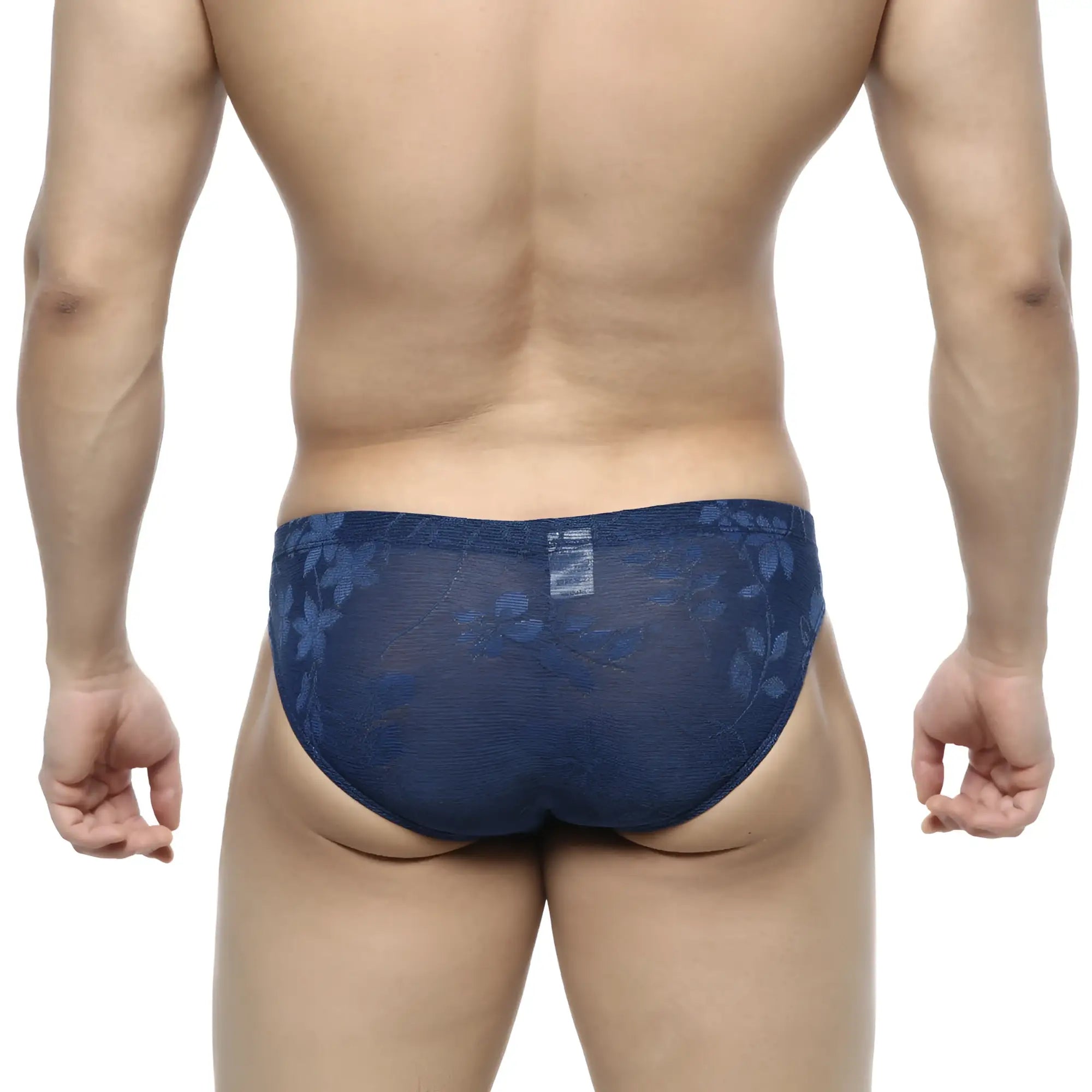 Navymale jacquard bikini briefs in navy blue sheer lace with floral pattern for stylish comfortable wear