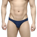 Navy blue textured jacquard men’s briefs with black logo on waistband from MetroMaleWear Jacquard Bikini Royal 5103-16