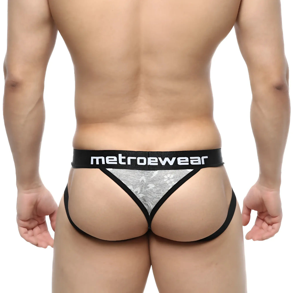 Black and silver patterned jacquard jockstrap thong with metroewear branded waistband gray 2901-07
