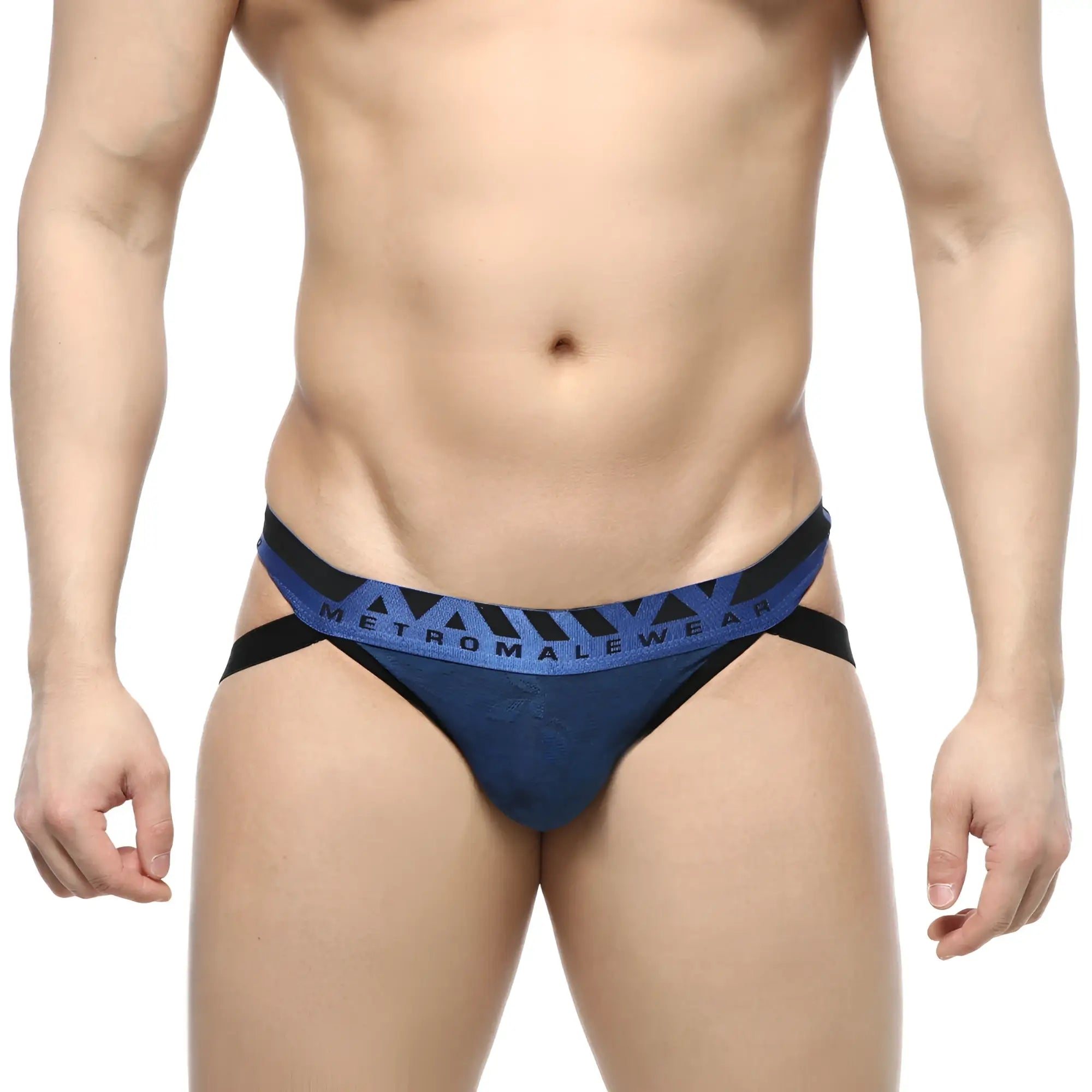 Blue and black metromalewear jacquard jockstraps briefs with patterned waistband for comfortable support