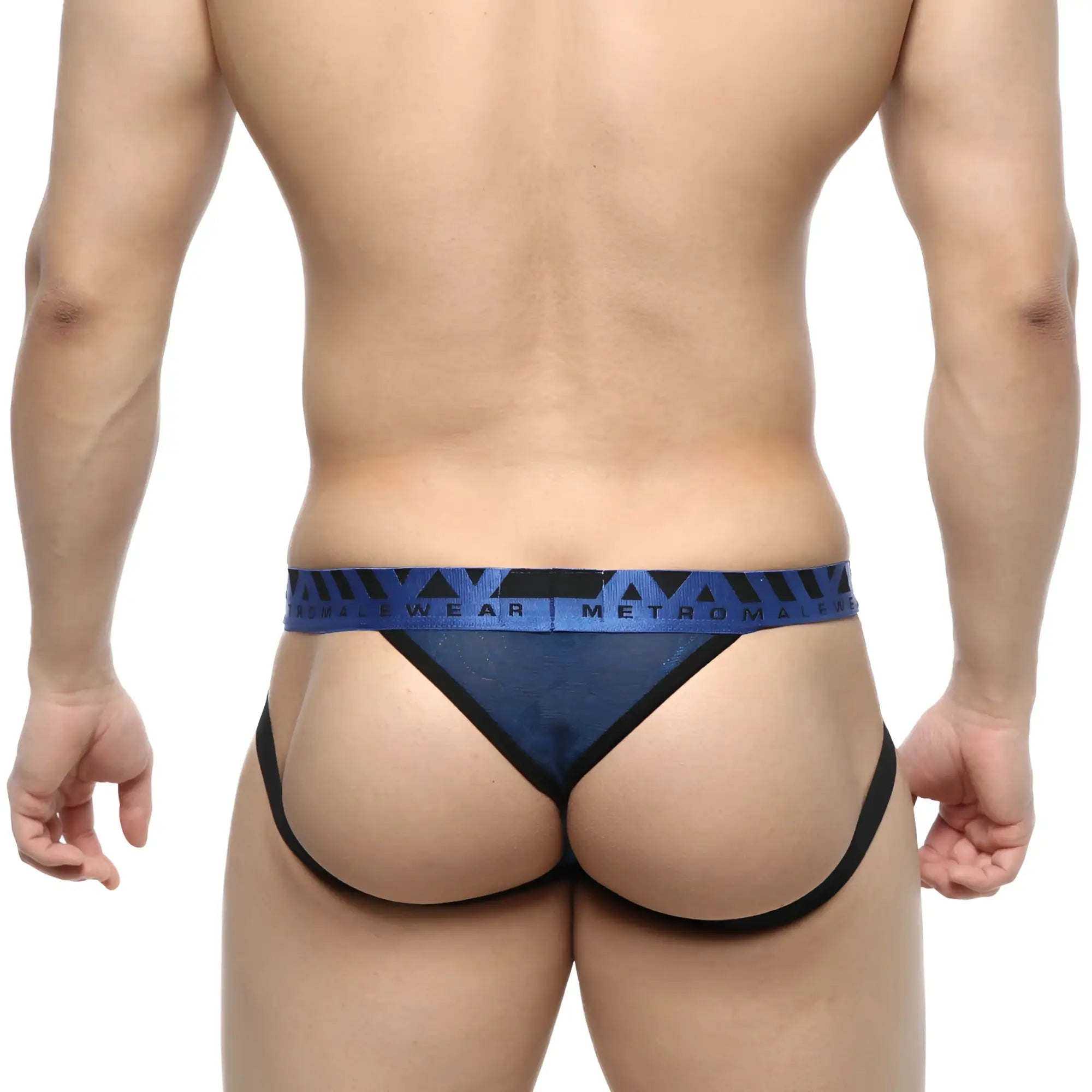 Blue and black patterned MetroMaleWear jacquard thong with branded waistband for stylish menswear