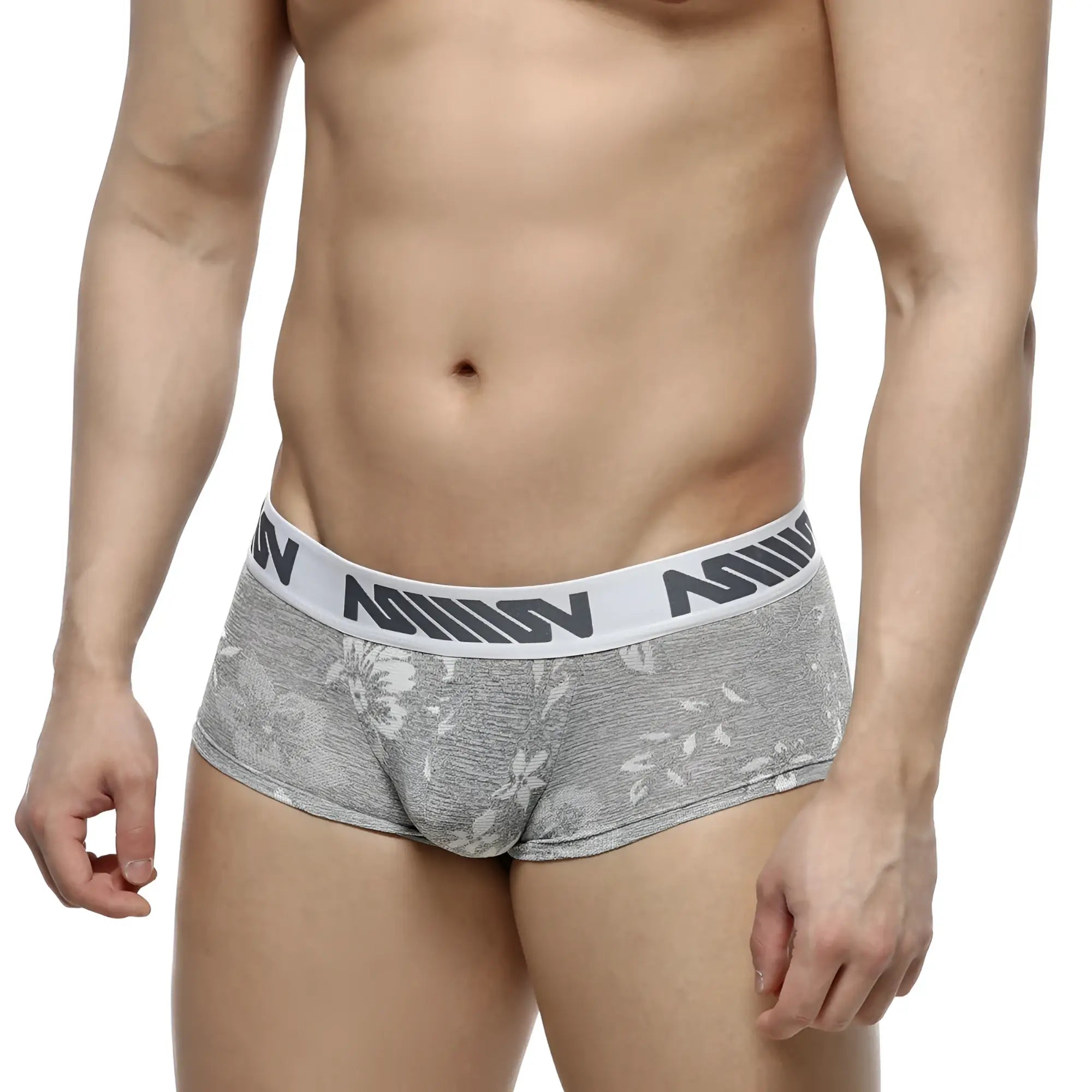Gray floral-patterned jacquard briefs with white elastic waistband and black nomin lettering by MetroMaleWear