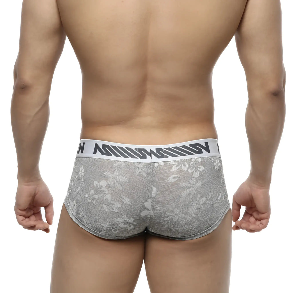 Gray lace briefs with white waistband and black lettering from metro male wear jacquard trunk gray 2026-11 collection
