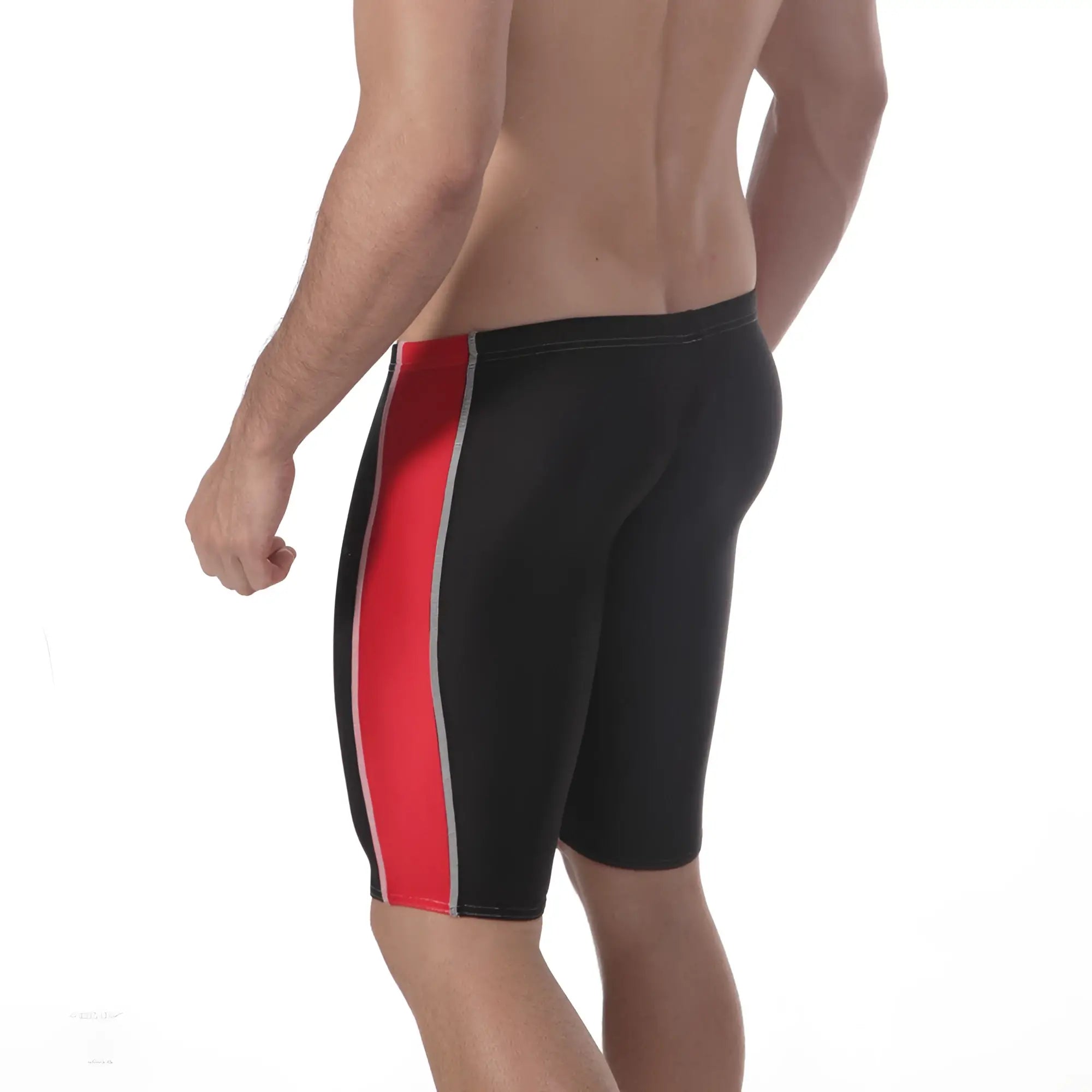 MetroMaleWear jammer swim boxer black with bold red vertical stripe and silver trim along the side