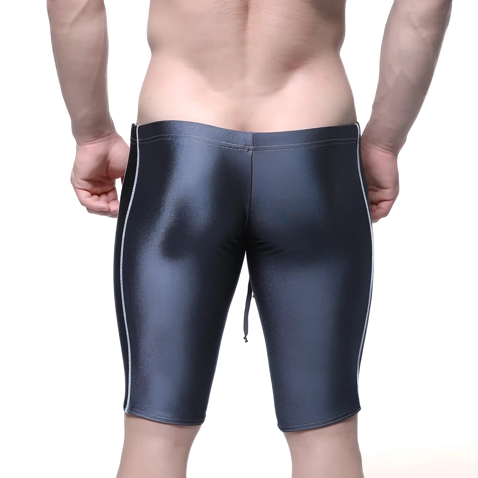 Black shiny MetroMaleWear Jammer swim boxer with white side stitching designed for athletic swim use