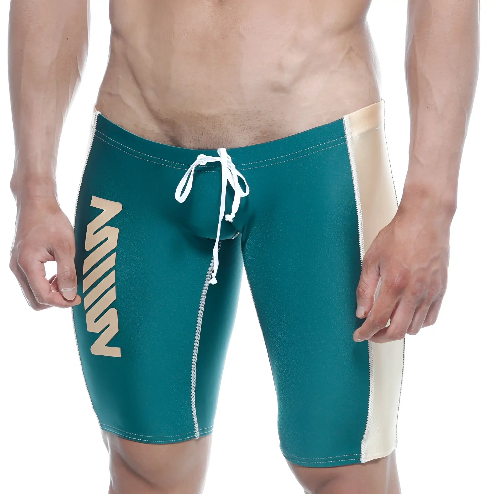 Metro male wear jammer swim boxer in teal and cream with white drawstring and vertical side branding for swimming