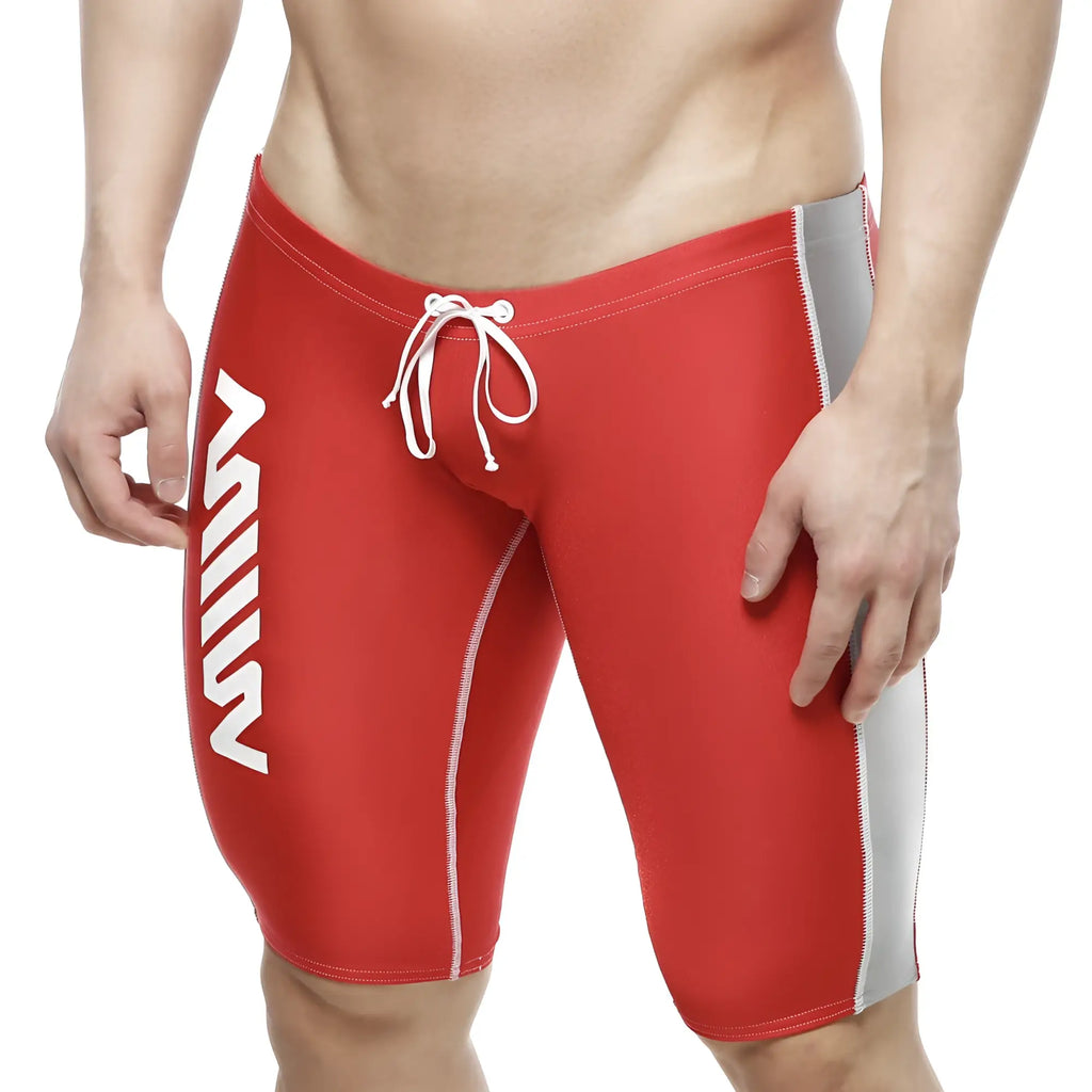 Red mens swim trunks MetroMaleWear jammer swim boxer with white side stripes and gray outer thigh panel