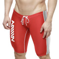 Red mens swim trunks MetroMaleWear jammer swim boxer with white side stripes and gray outer thigh panel