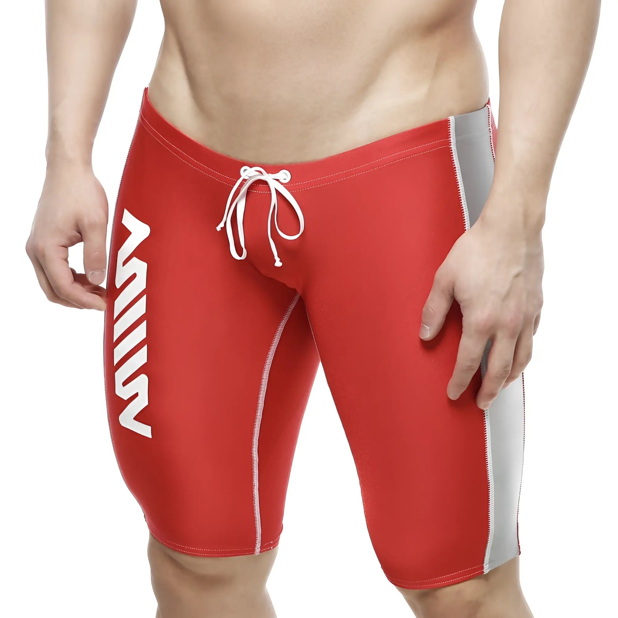 Red mens swim trunks MetroMaleWear jammer swim boxer with white side stripes and gray outer thigh panel